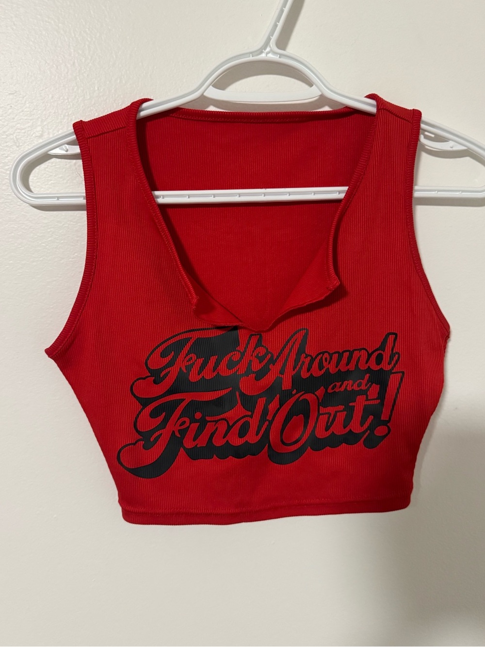 SHEIN Red Ribbed Graphic Crop Tank with Black Script